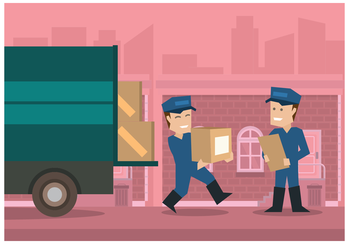 Movers with pink city background vector illustration