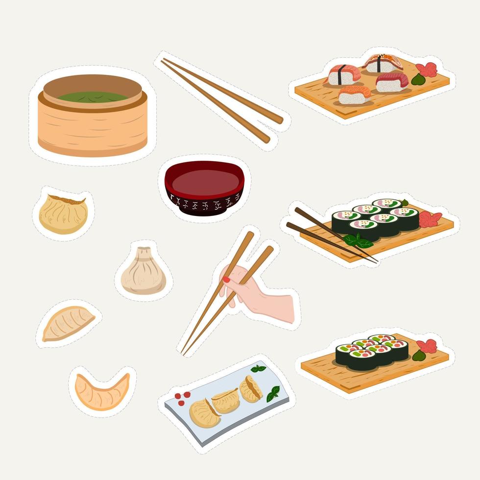 adesivos asiáticos comem comida. ilustração vetorial. caldeira, pauzinhos na mão, bolinhos, rolos, sushi vetor