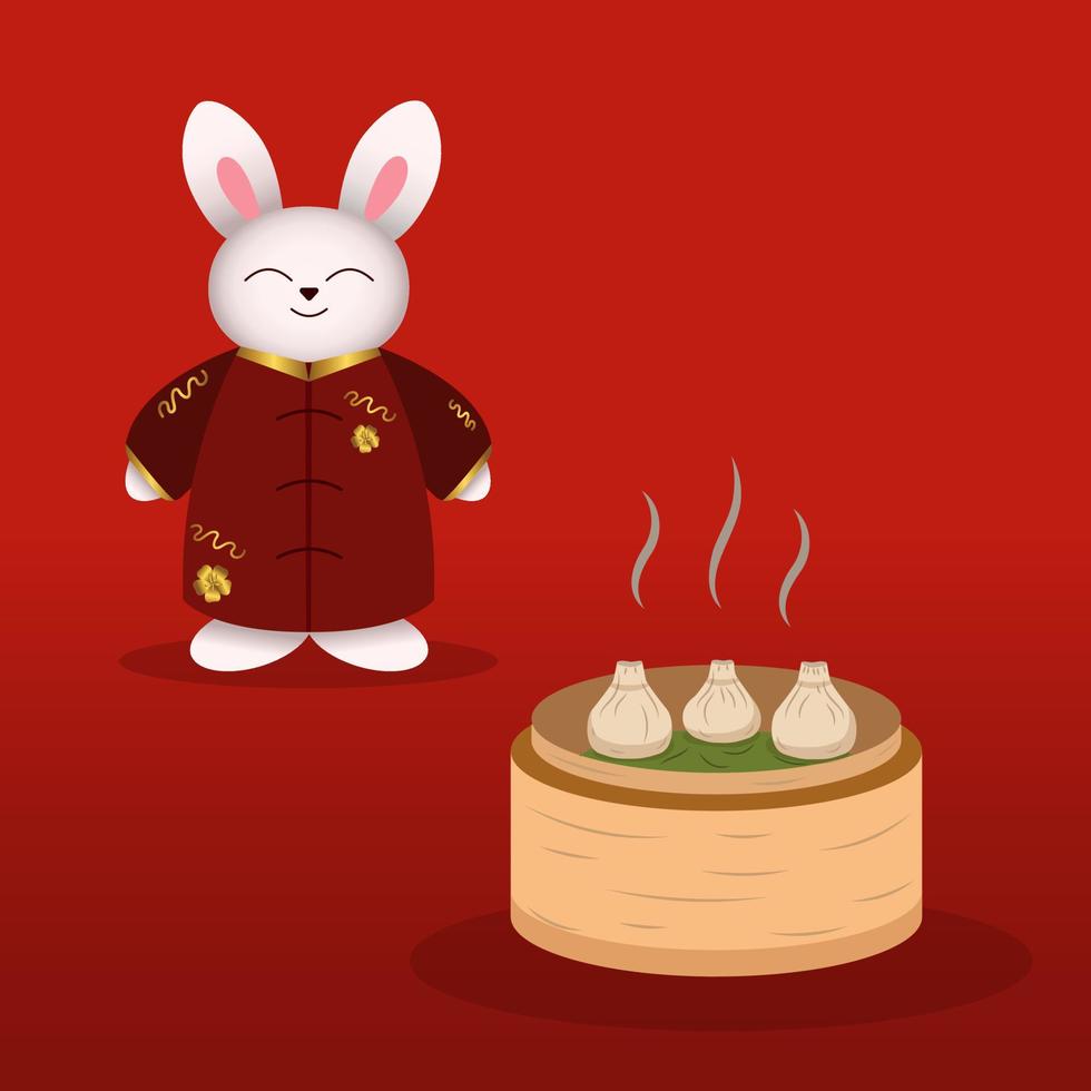 coelho chinês, coelho de quimono com bolinho no vapor. ilustração vetorial comida asiática vetor