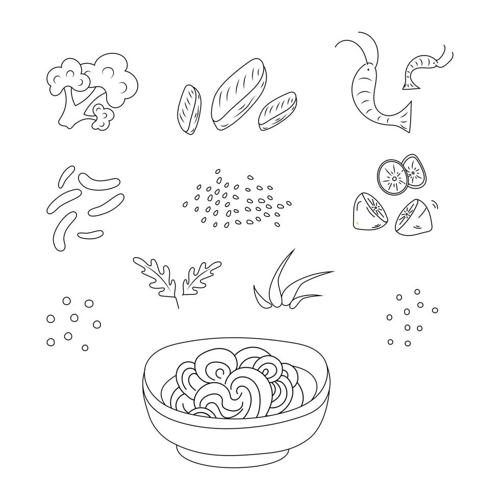 página para colorir. comida asiática. prato para macarrão. camarão, feijão, peixe, verduras. ilustração vetorial. vetor