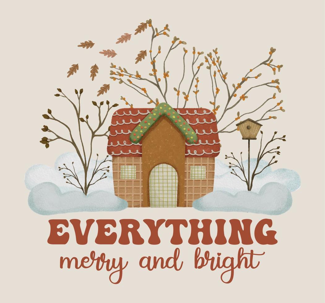 citações de cartão de natal com casa de gengibre, folhas secas e casa de pássaros no banner de composição de neve vetor