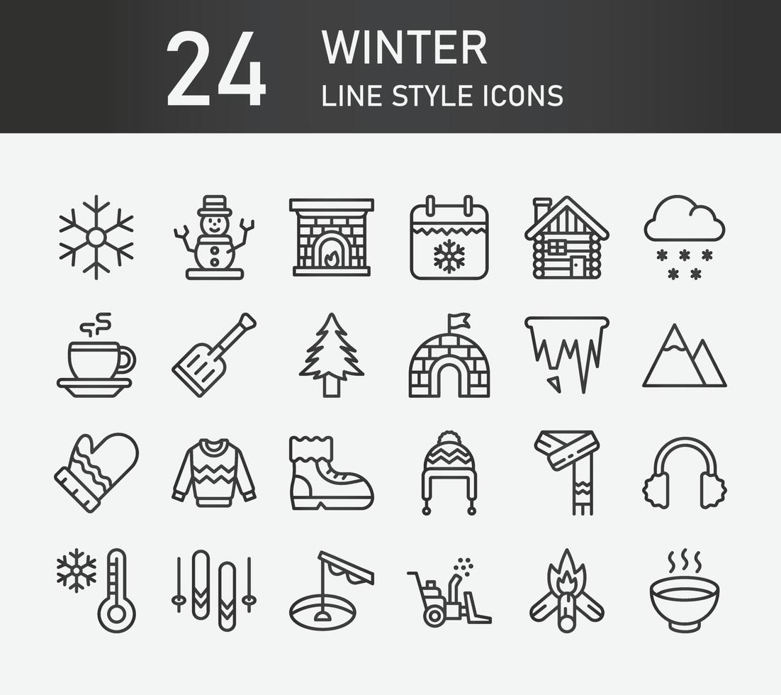 coleção de ícones de contorno de inverno, contém ícones como atividade de inverno, floco de neve, clima e roupas de inverno. coleção de ícones de silhueta de inverno, conjunto de ícones web simples. ícones de curso editáveis. vetor