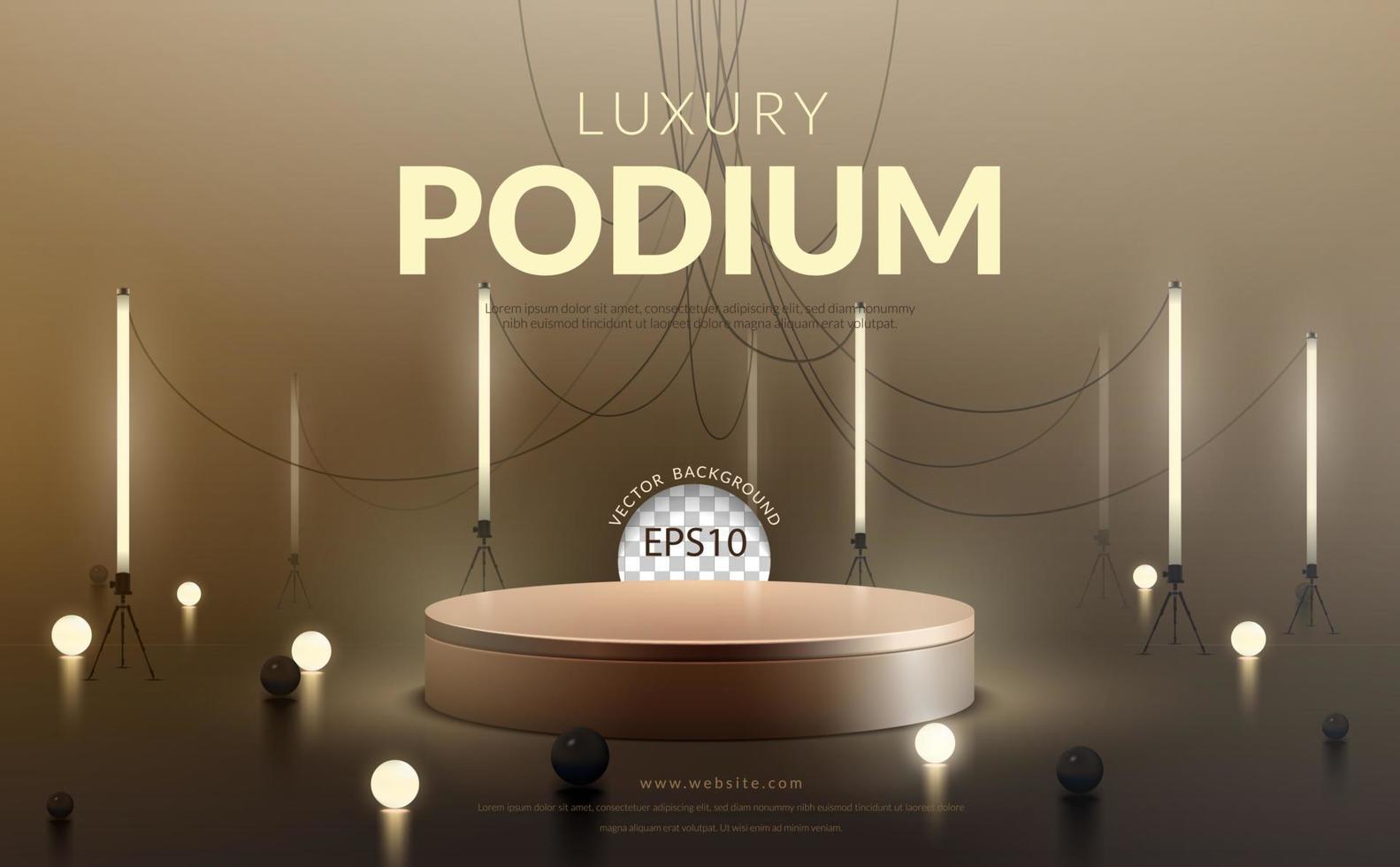 pódio de ouro de luxo com luz neon dourada e bola brilhante em fundo marrom para exibição de produtos, ilustração vetorial vetor
