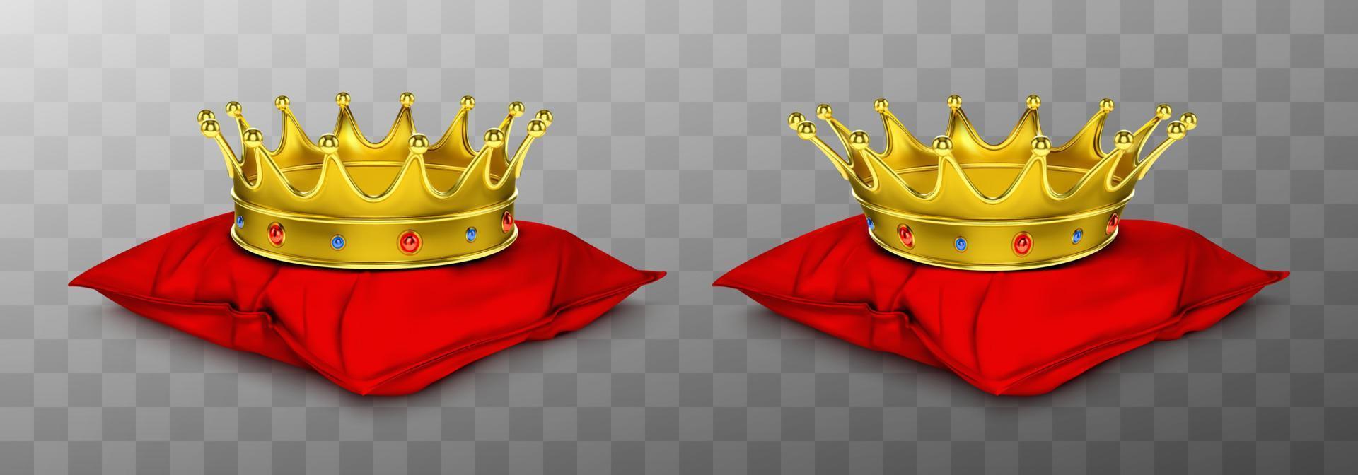 coroa real de ouro para rei e rainha no travesseiro vermelho vetor