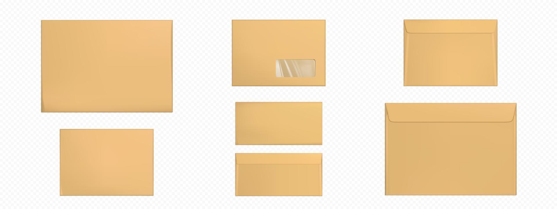 conjunto de modelo de capas marrons em branco de envelopes kraft vetor