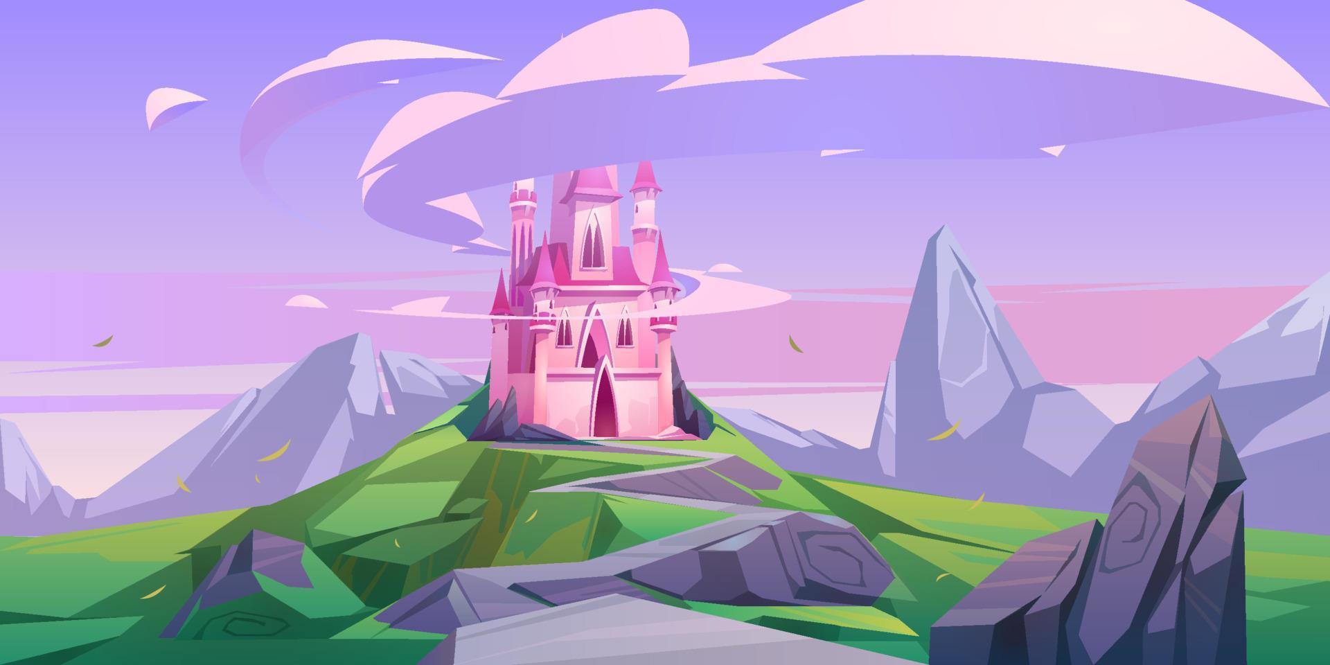 princesa do castelo mágico rosa ou palácio de fadas na rocha vetor