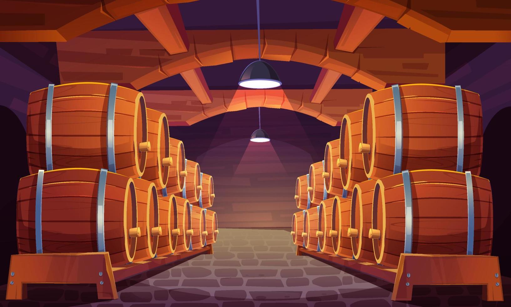 barris de madeira de vetor com vinho na adega