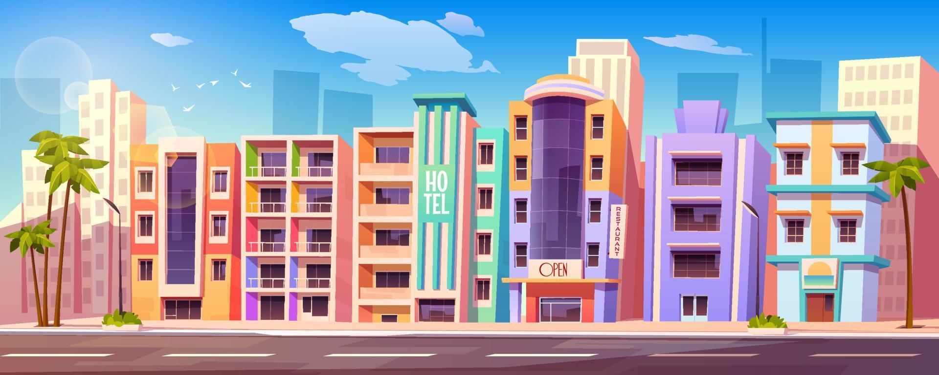 rua em miami com hotéis e palmeiras vetor