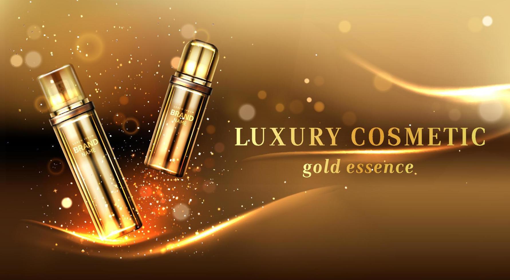 banner de anúncio de frascos de cosméticos de ouro, tubos de cosméticos vetor