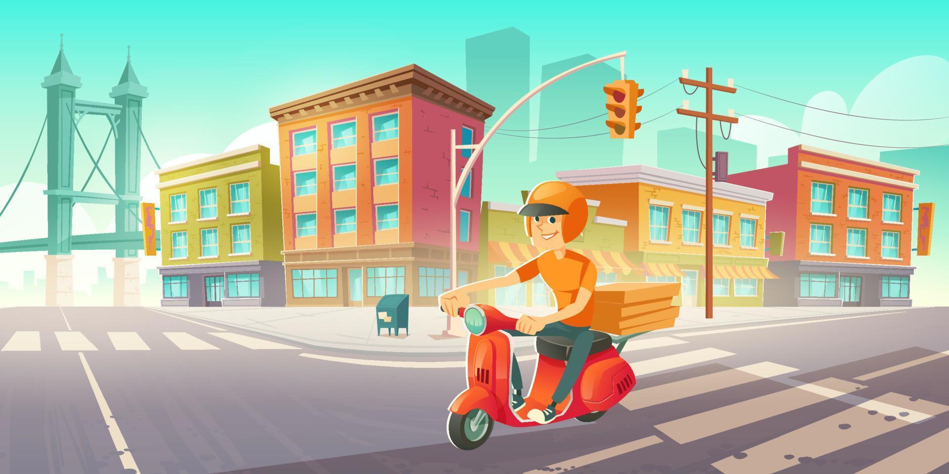 entregador em scooter dirige na rua da cidade vetor