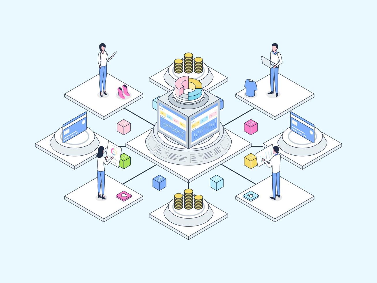 cor linear de ilustração isométrica de contabilidade integrada de comércio eletrônico. adequado para aplicativos móveis, sites, banners, diagramas, infográficos e outros ativos gráficos. vetor