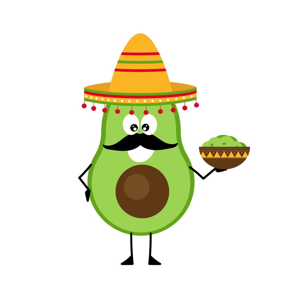 abacate de desenho animado alegre em um sombrero e com bigode. o personagem está segurando uma tigela de guacamole nas mãos. vetor