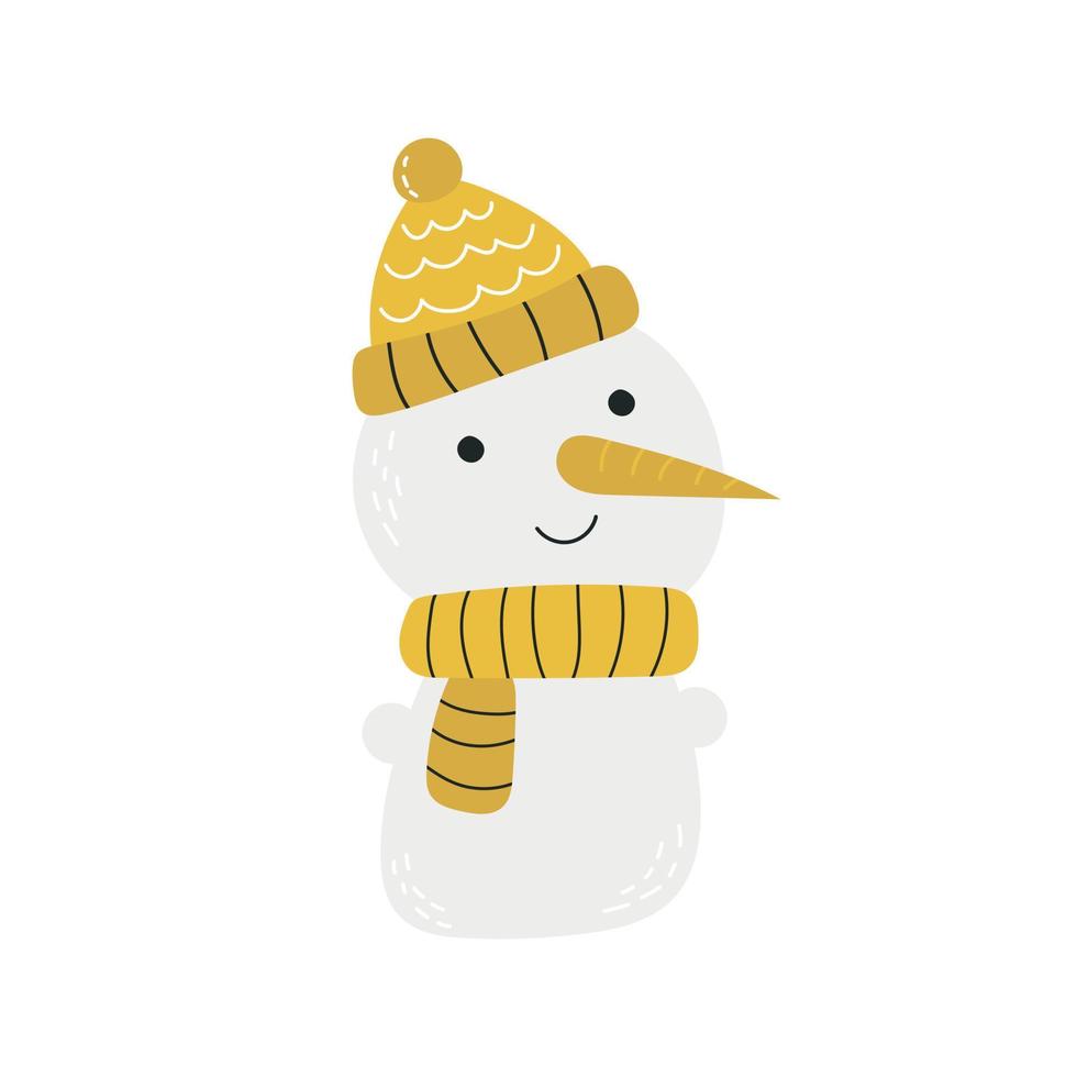 boneco de neve sorridente em um chapéu amarelo e cachecol. desenhados à mão, isolados no fundo branco. design para cartão de felicitações, banner. estilo minimalista escandinavo vetor