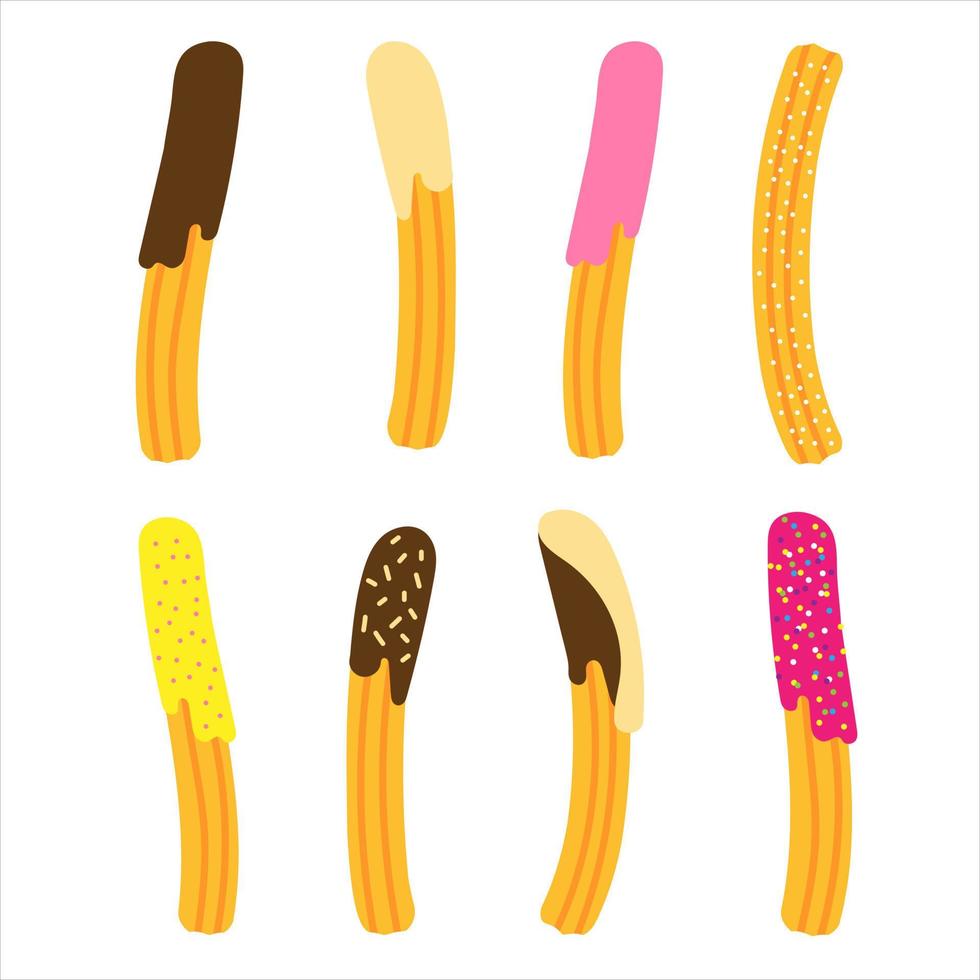 conjunto de churros com coberturas diferentes. lanche mexicano. mão desenhada ilustração vetorial. palitos de churros, formas diferentes em branco. vetor