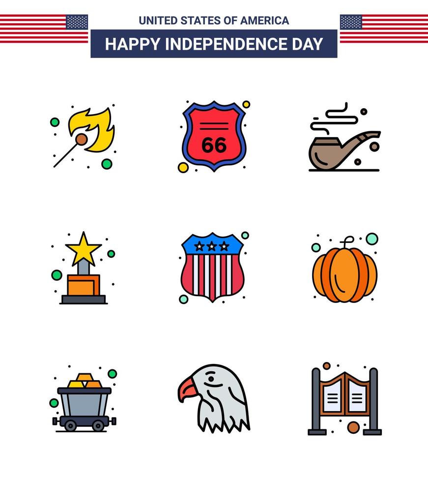 4 de julho eua feliz dia da independência ícone símbolos grupo de 9 linhas planas cheias modernas de prêmio de distintivo de tubo de investigação americano editável elementos de design de vetor de dia dos eua