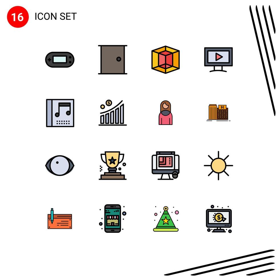pacote de ícones vetoriais de estoque de 16 sinais e símbolos de linha para álbum de música, porta de casa, monitor de vídeo, elementos de design de vetores criativos editáveis