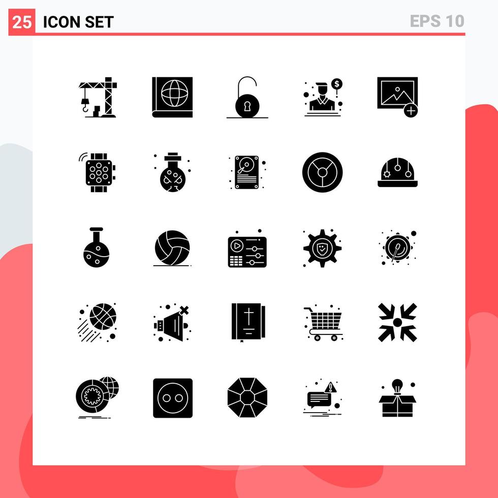 pacote de 25 glifos sólidos criativos de foto de agente de relógio temporizador adicionar elementos de design de vetores editáveis