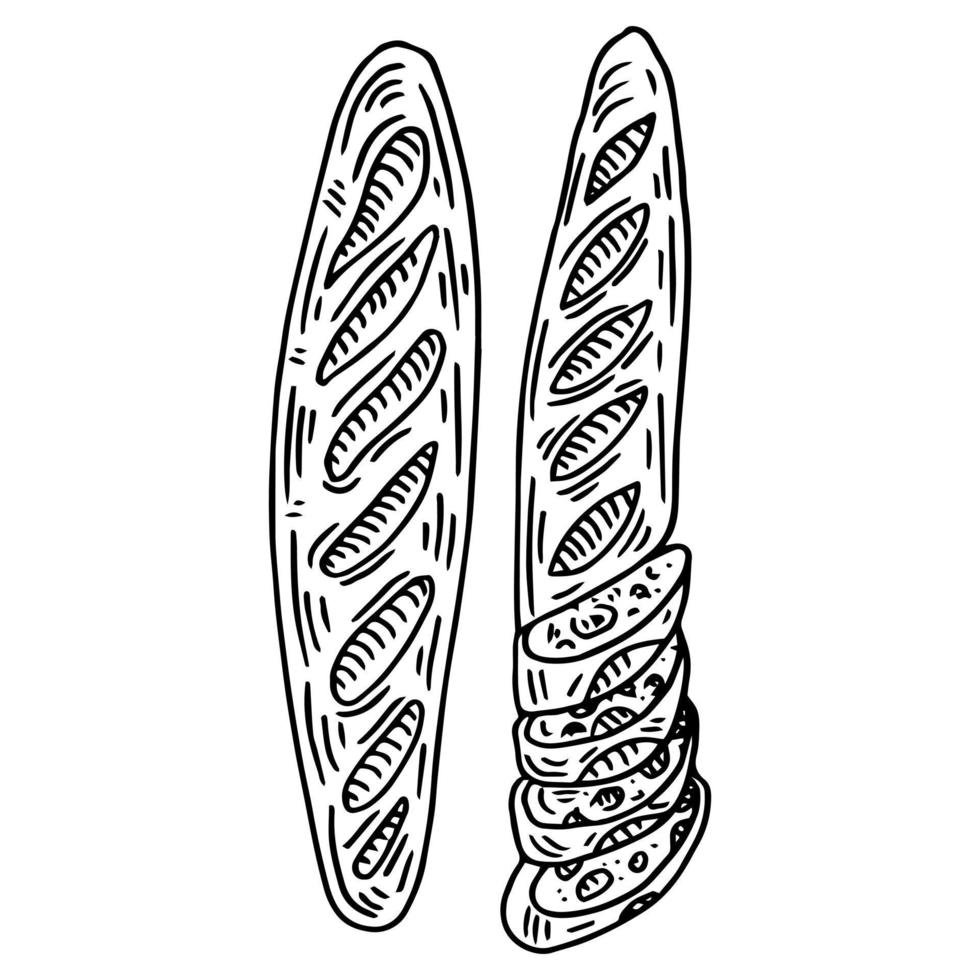 conjunto desenhado à mão com pão baguete isolado no fundo branco vetor