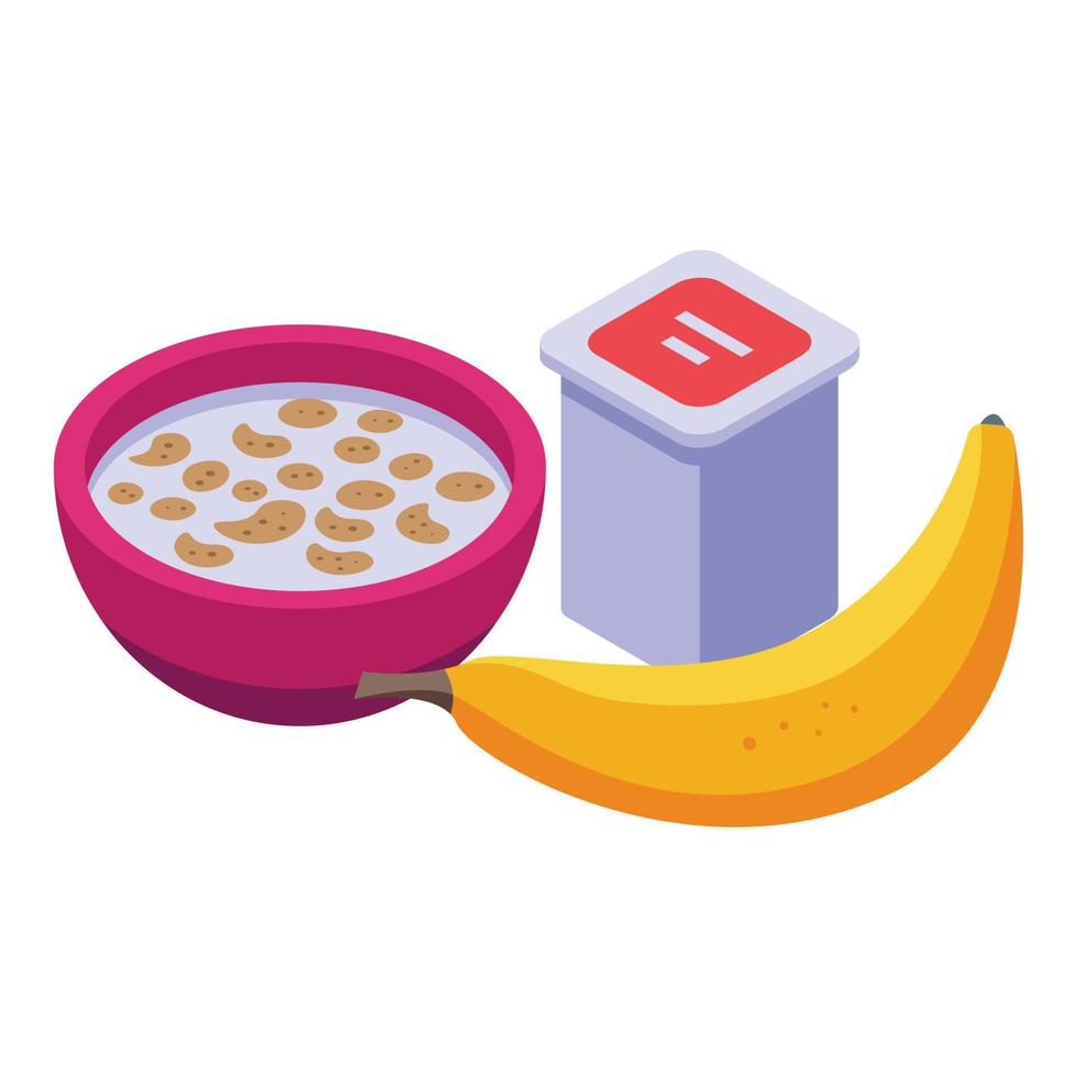 ícone de almoço de banana com muesli de leite, estilo isométrico vetor