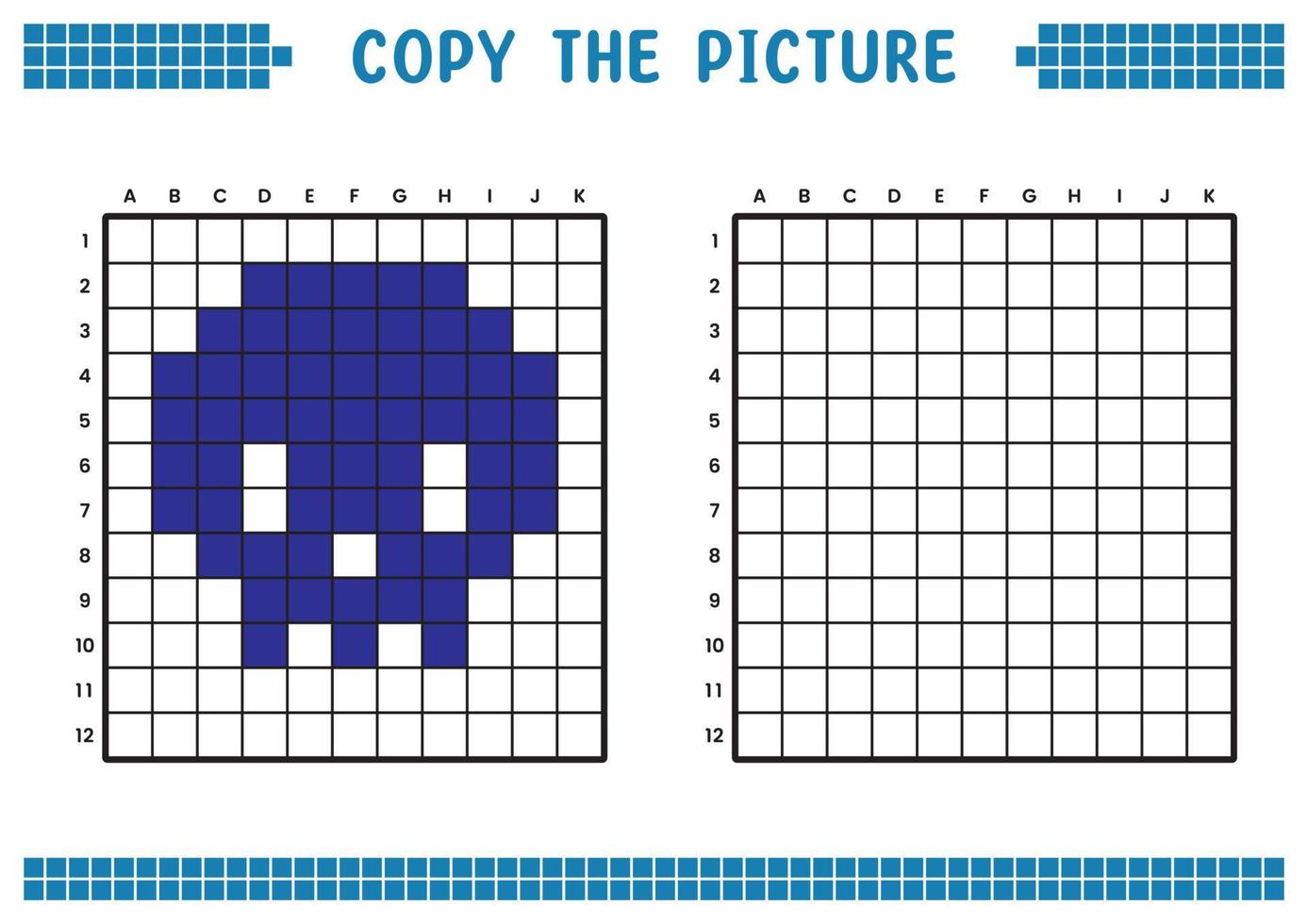 copie a imagem, complete a imagem da grade. planilhas educacionais desenhando com quadrados, colorindo áreas de células. atividades pré-escolares infantis. vetor de desenho animado, pixel art. ilustração do símbolo da cabeça do crânio.