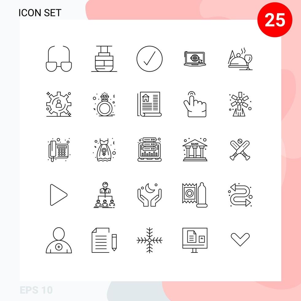 conjunto de pictogramas de 25 linhas simples de monitor de apresentação de círculo de hotel de comida elementos de design de vetores editáveis