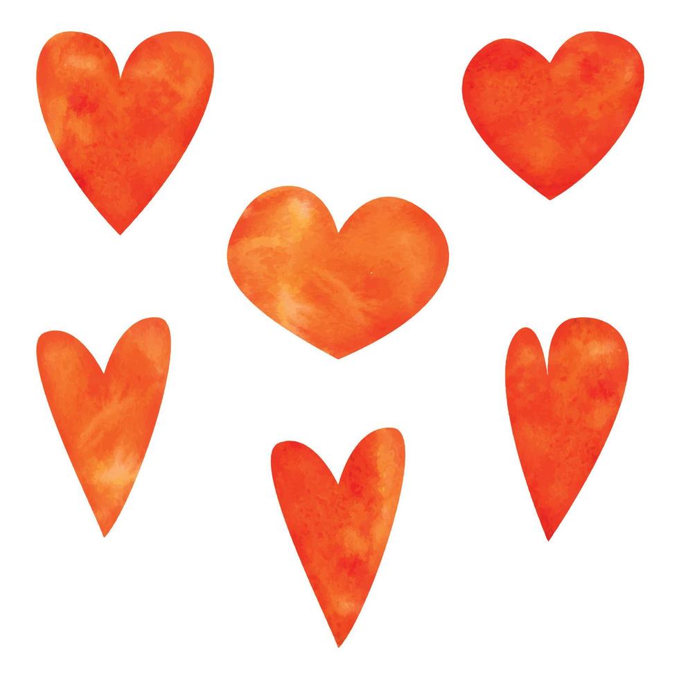 conjunto de objetos desenhados à mão em aquarela, corações vermelhos, rosa e laranja texturizados para o dia dos namorados. isolado no fundo branco. design para papel, amor, cartões comemorativos, têxtil, impressão, papel de parede, casamento vetor