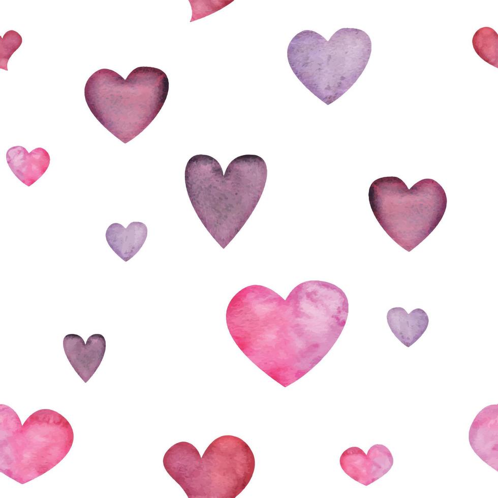 padrão perfeito desenhado à mão em aquarela de corações vermelhos e roxos para o dia dos namorados. isolado no fundo branco. design para papel, amor, cartões comemorativos, têxtil, impressão, papel de parede, casamento vetor