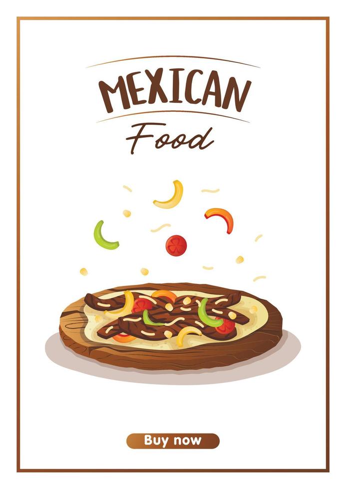 panfleto a4 com comida mexicana fajita carne frita com legumes. comida saudável de banner, culinária, menu, conceito de comida. vetor