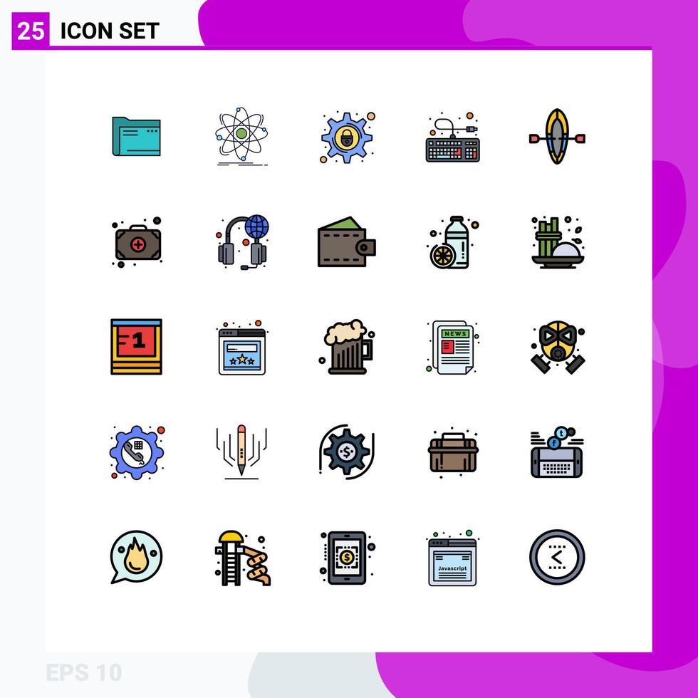 grupo de 25 cores planas de linhas preenchidas modernas definidas para configuração de teclado elementos de design de vetores editáveis de crime cibernético de segurança científica