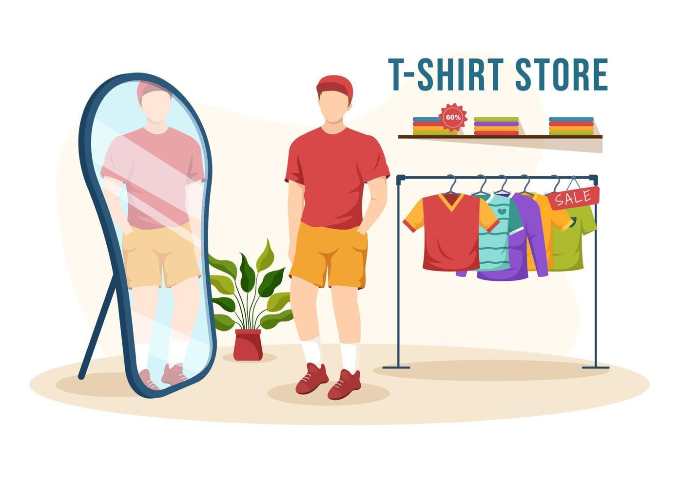 loja de camisetas para comprar roupas ou roupas de novos produtos com várias cores e modelos em desenhos animados planos ilustração de modelos desenhados à mão vetor
