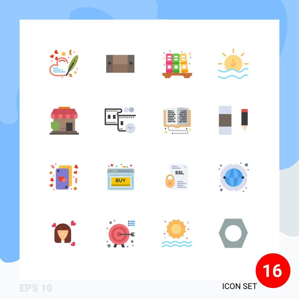 conjunto de cores planas de interface móvel de 16 pictogramas de pacote editável de arquivo de proteção de loja seguro pôr do sol editável de elementos de design de vetores criativos