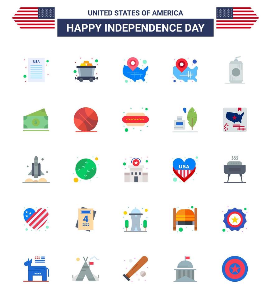 feliz dia da independência 4 de julho conjunto de 25 apartamentos pictograma americano de dólar americano eua eua cola editável dia dos eua elementos de design vetorial vetor