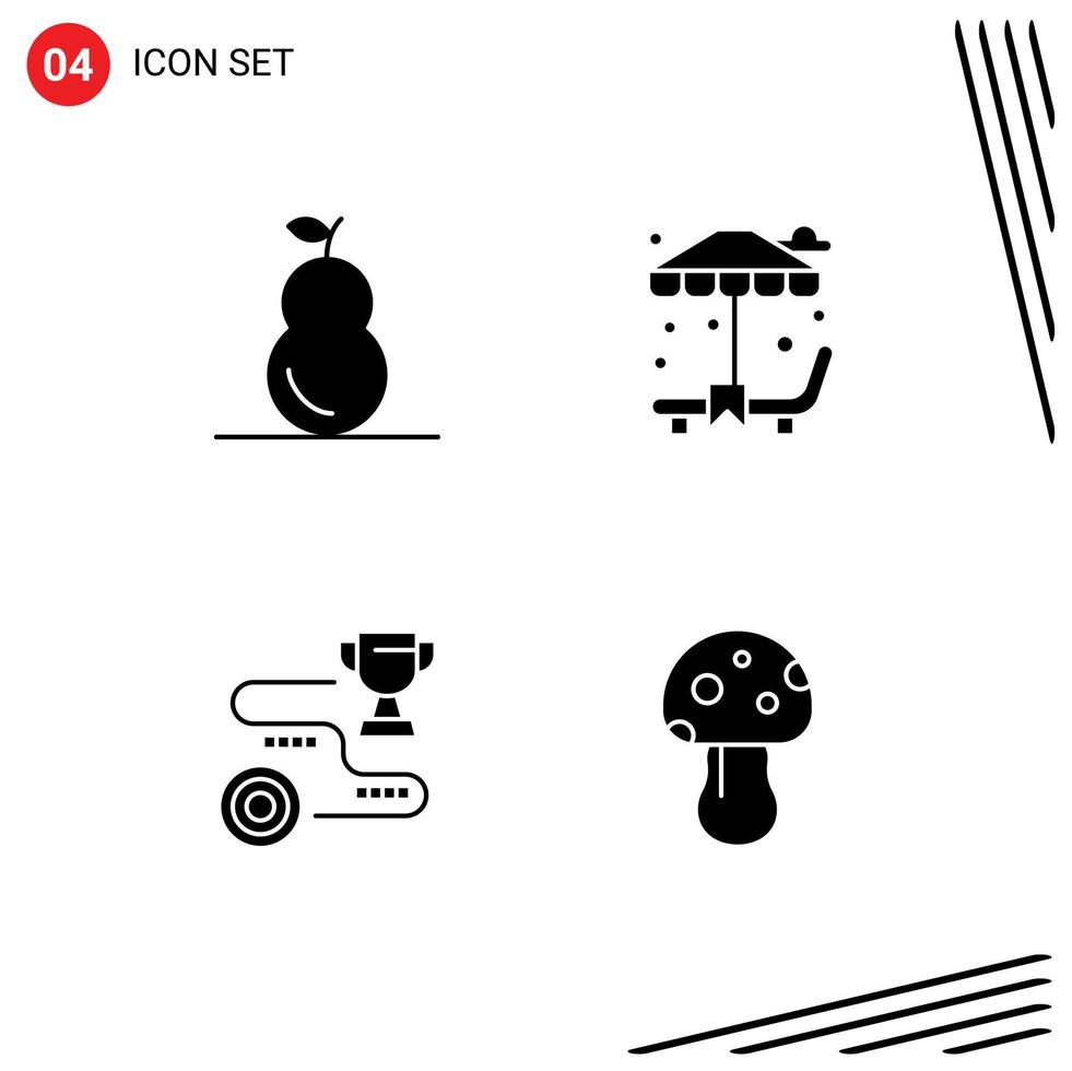 4 sinais universais de glifo sólido, símbolos de caminho de comida, solário, realização, cogumelo, elementos de design de vetores editáveis