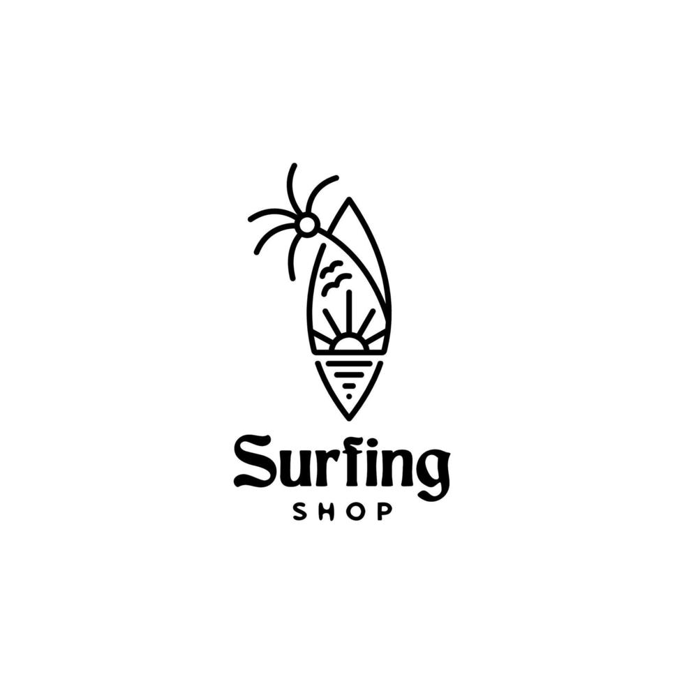 ícone do logotipo do emblema do surf loja de surf tropical com sol de praia e ilustração de palmeira de coco no estilo de linha linear da moda vetor