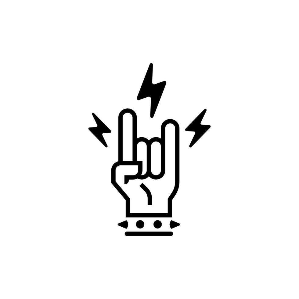 vetor de gesto de dedo de mão de metal rock and roll com ícone de raio de parafuso no estilo de arte de linha da moda isolado no fundo branco