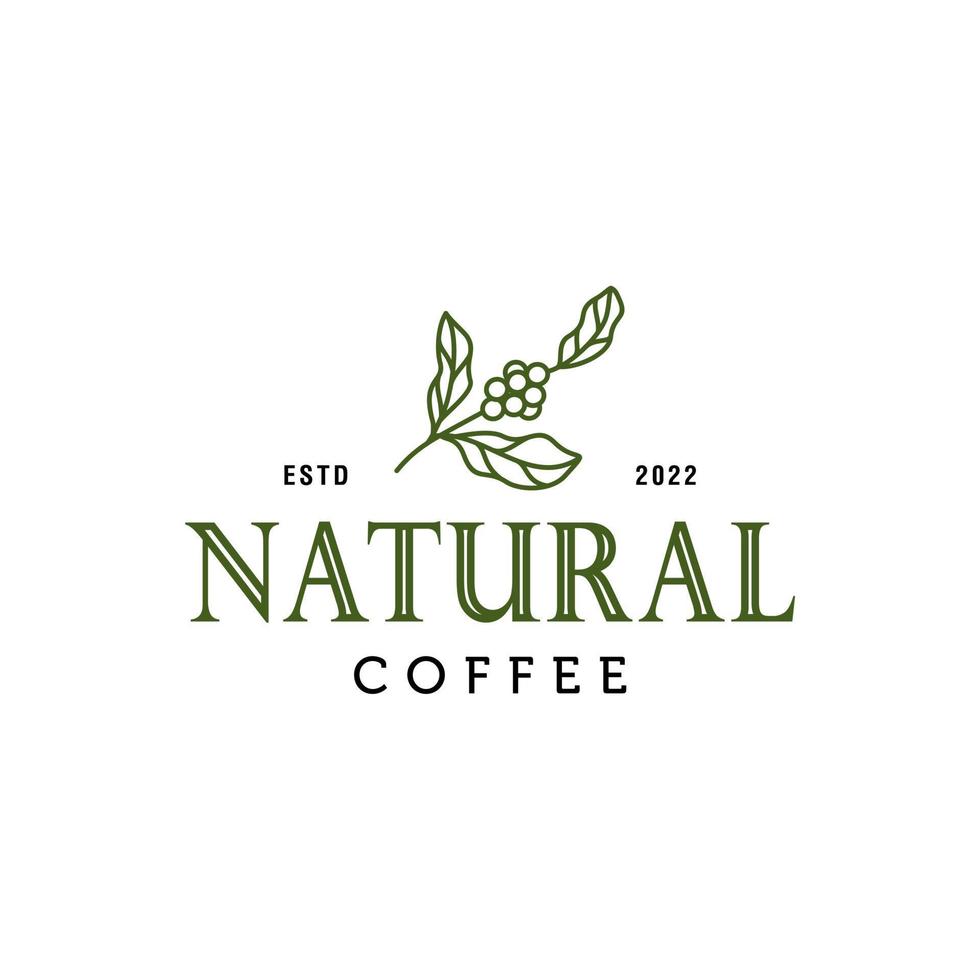 logotipo da planta de café natural. vetor de logotipo minimalista de ramo de planta de feijão de café com ícone de contorno de linha simples de folha para o conceito de café natural.