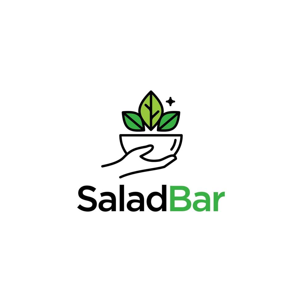 logotipo da barra de salada. sinal de comida fresca saudável ou emblema de restaurante. tigela e vegetais de folha, mão segurando o prato e salada em um fundo branco vetor