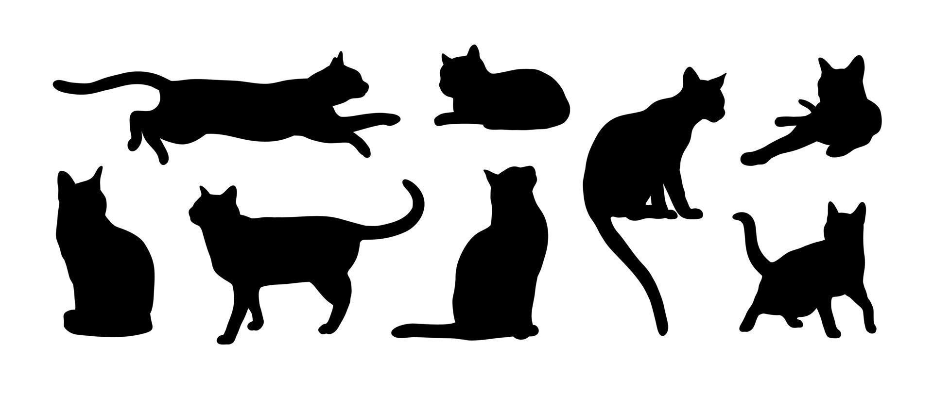 Resumo de silhueta de gato preto definido em poses diferentes. sentado, em pé, correndo etc. ícone, ilustração em vetor logotipo.