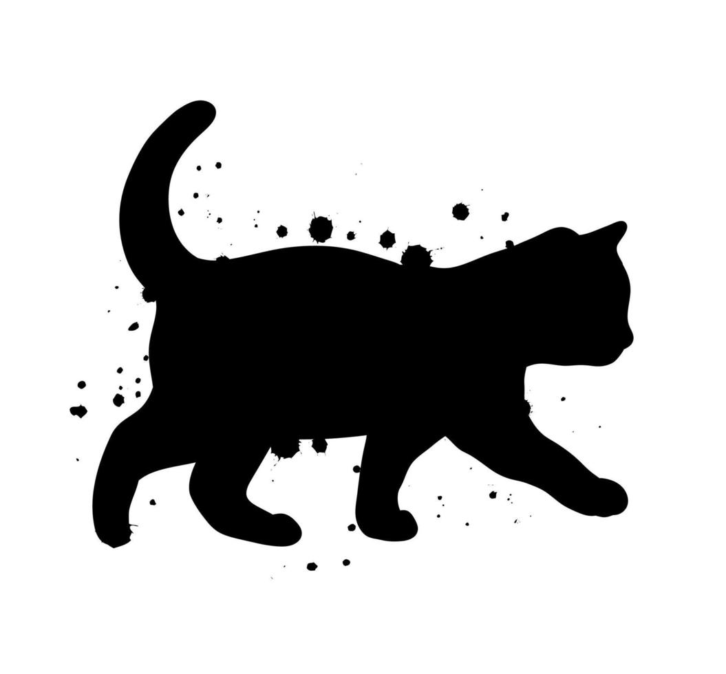 silhueta de gato preto com ilustração abstrata de respingos de tinta. vetor
