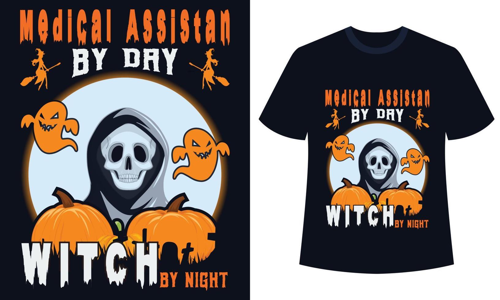 incrível assistente médico de design de camiseta de halloween durante o dia e à noite vetor