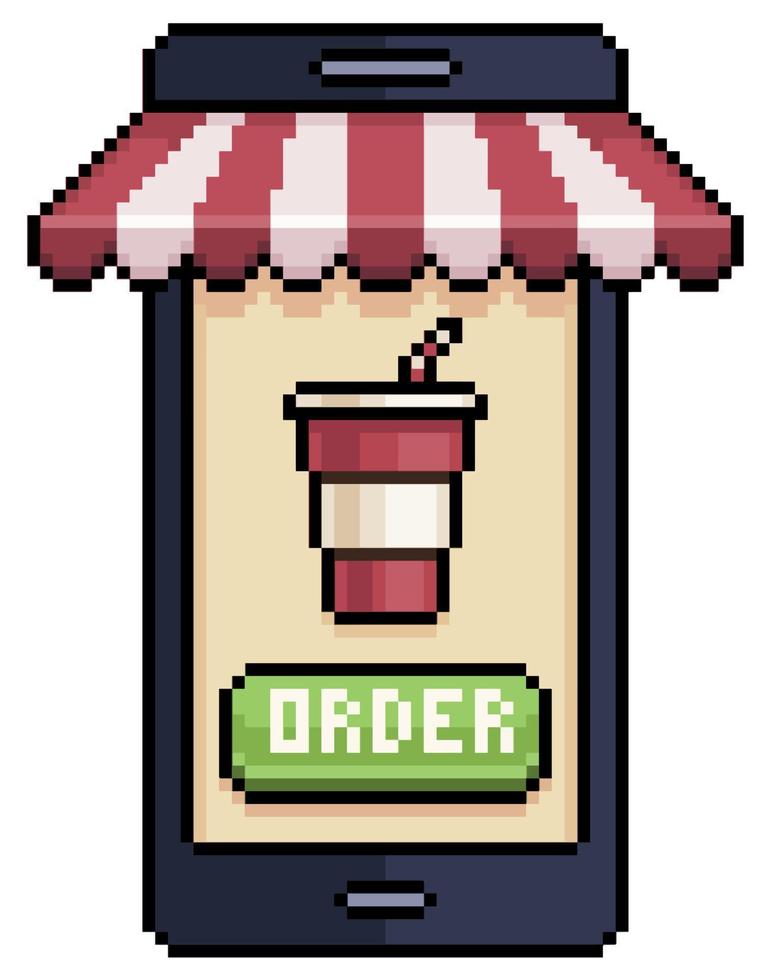 telefone móvel pixel art pedindo refrigerante no ícone de vetor de aplicativo de comida para jogo de 8 bits em fundo branco