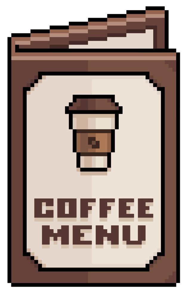menu de café de pixel art, ícone de vetor de menu de papel para jogo de 8 bits em fundo branco