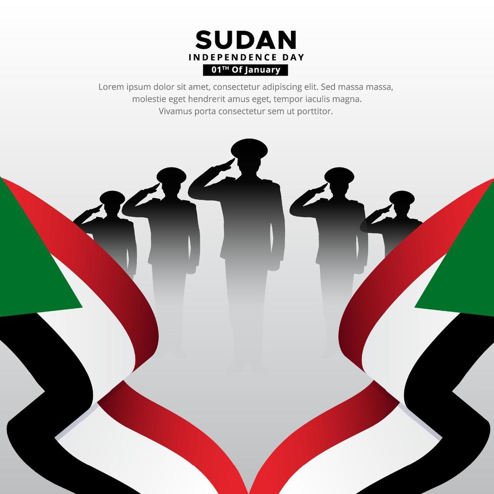 design de celebração do dia da independência do sudão com silhueta de soldados e vetor de bandeira ondulada