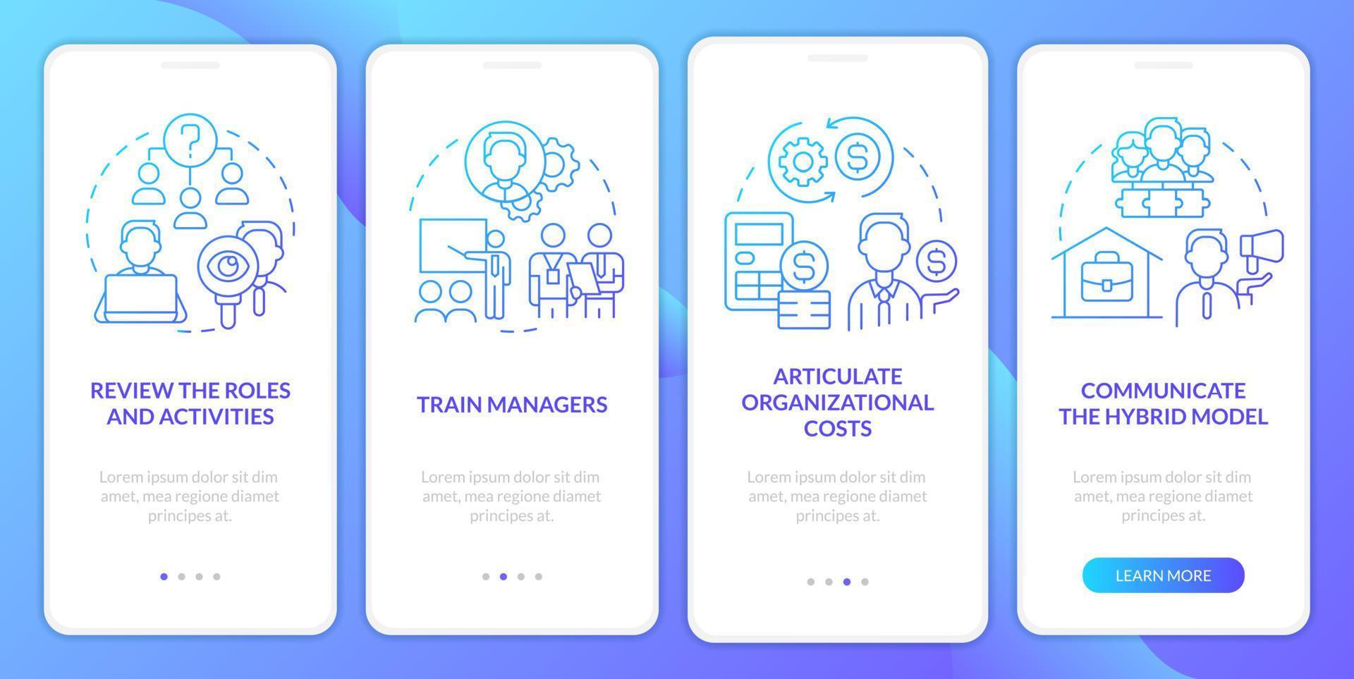 etapas para a tela do aplicativo móvel de integração do gradiente azul de transformação. passo a passo de trabalho remoto 4 etapas instruções gráficas com conceitos lineares. modelo ui, ux, gui. vetor