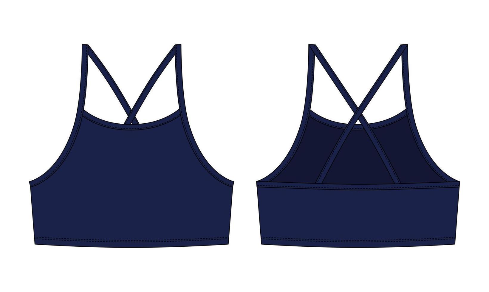 menina bralette esboço técnico. cor azul escura. sutiã superior feminino com modelo de design de cueca de alças. vetor