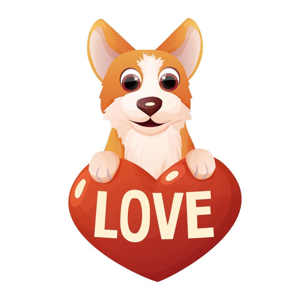 cachorro corgi fofo com coração, amor de texto, animal de estimação adorável em estilo cartoon, isolado no fundo branco. personagem emocional cômico, pose engraçada. ilustração vetorial vetor