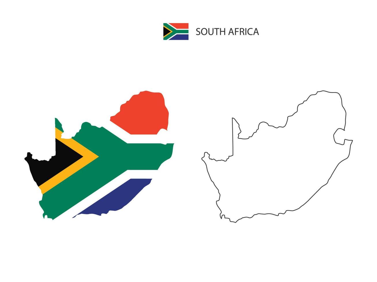 vetor da cidade do mapa da áfrica do sul dividido pelo estilo de simplicidade do contorno. tem 2 versões, versão de linha fina preta e cor da versão da bandeira do país. ambos os mapas estavam no fundo branco.