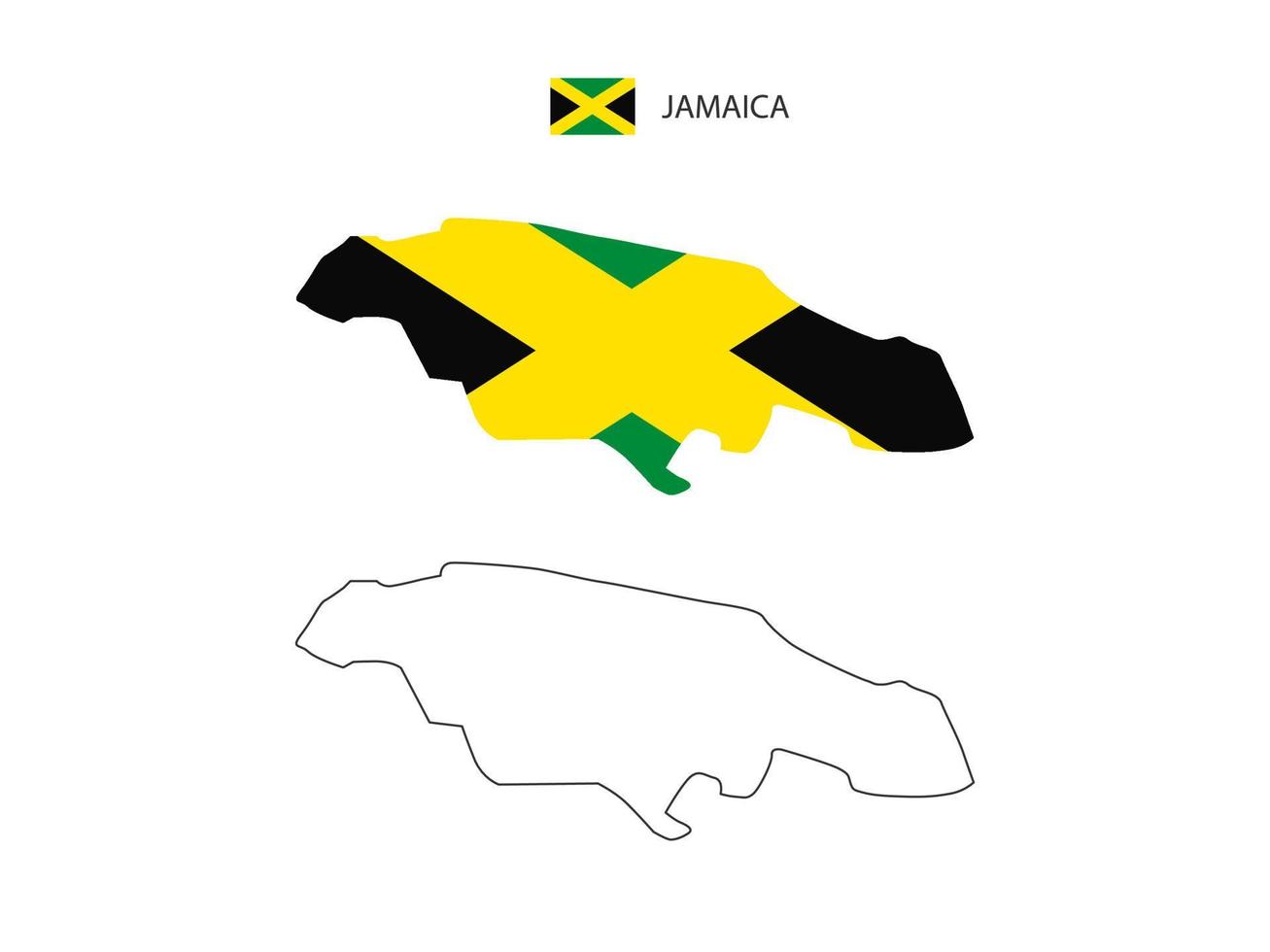 vetor da cidade do mapa da jamaica dividido pelo estilo de simplicidade do contorno. tem 2 versões, versão de linha fina preta e cor da versão da bandeira do país. ambos os mapas estavam no fundo branco.