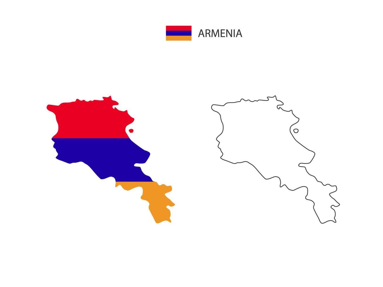 vetor da cidade do mapa da armênia dividido pelo estilo de simplicidade do contorno. tem 2 versões, versão de linha fina preta e cor da versão da bandeira do país. ambos os mapas estavam no fundo branco.