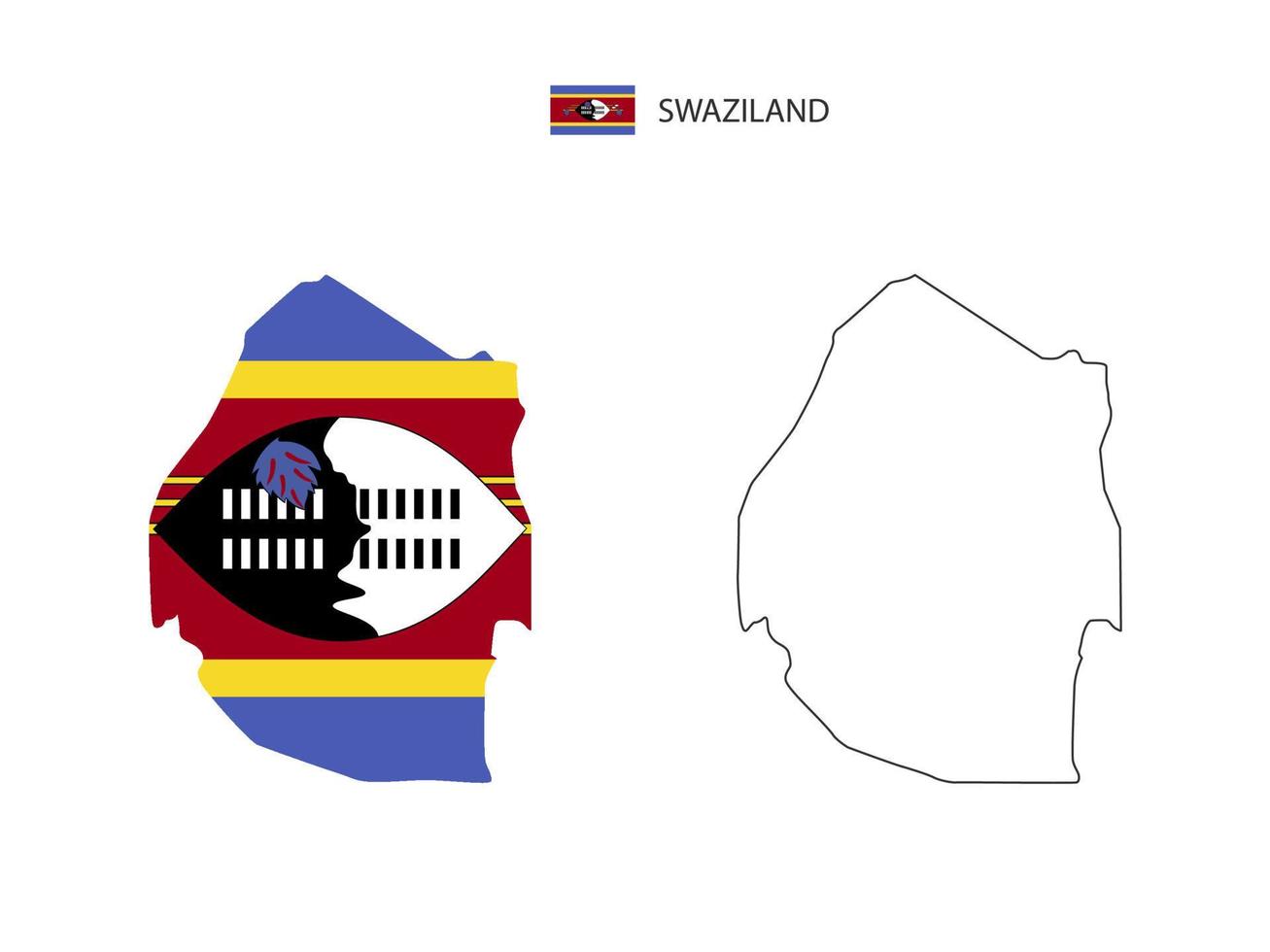 vetor da cidade do mapa eswatini dividido pelo estilo de simplicidade do contorno. tem 2 versões, versão de linha fina preta e cor da versão da bandeira do país. ambos os mapas estavam no fundo branco.